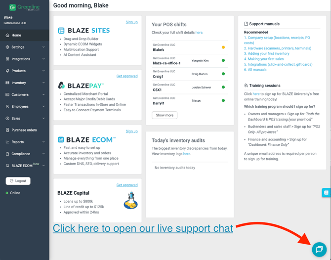 GL POS Open up Support Chat
